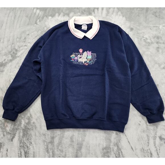 Vintage 90s Gildan Collared Embroidered Sweatshirt Size L Blue White Pink Casual - Picture 1 of 10